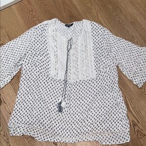 Ulla Popken White Tunic with Navy Diamond Print and Tassel Tie